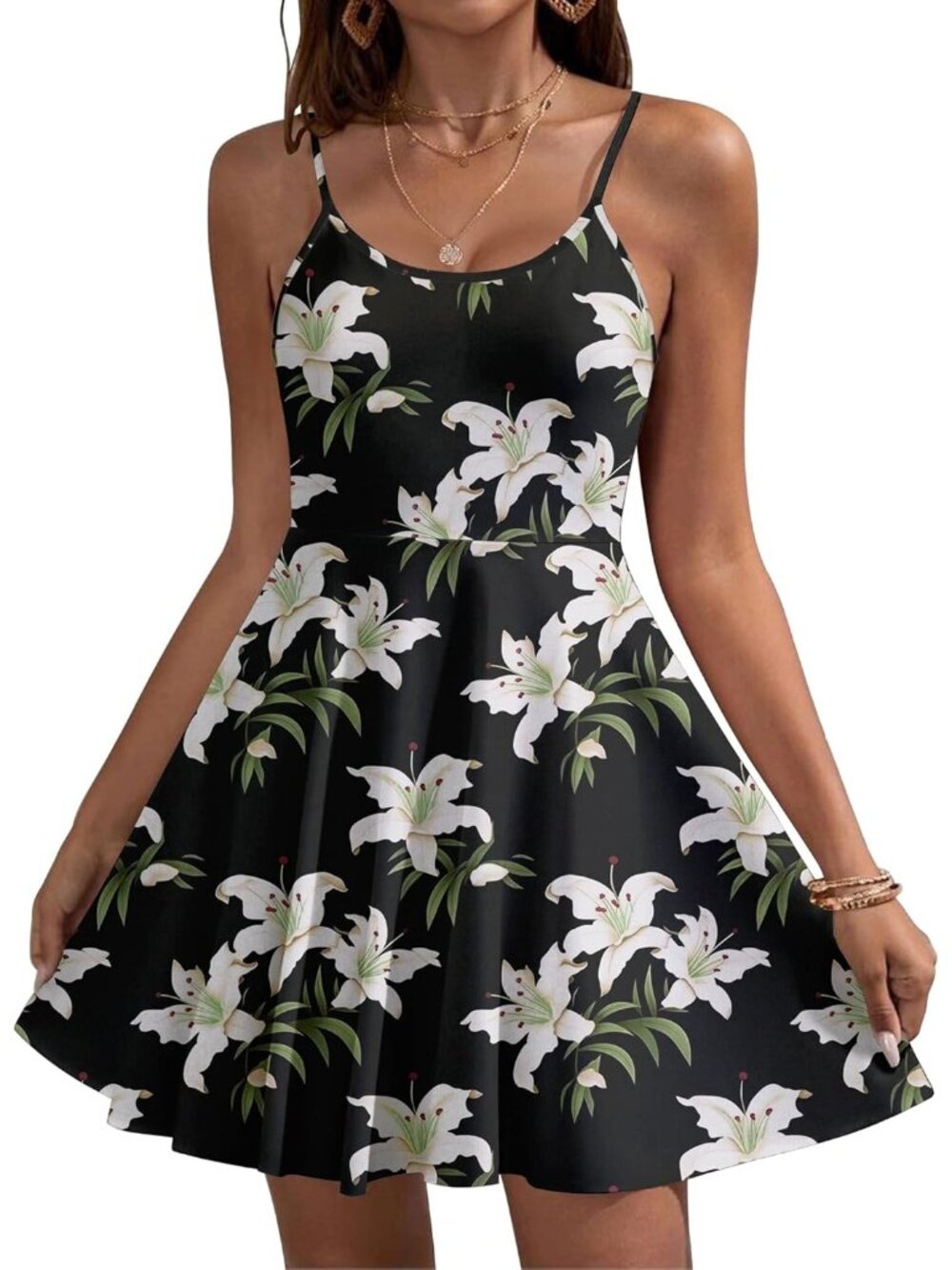 Women's Black White Floral Summer Dress Spaghetti Strap Floral Mini Casual Dress